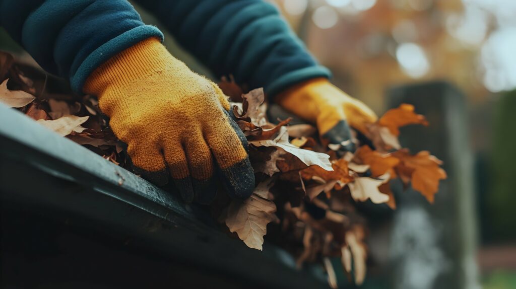 Quarterly Home Maintenance Checklist | Greenville, Asheville, Bluffton - Gloved hands clearing dry leaves from gutters, ensuring proper drainage